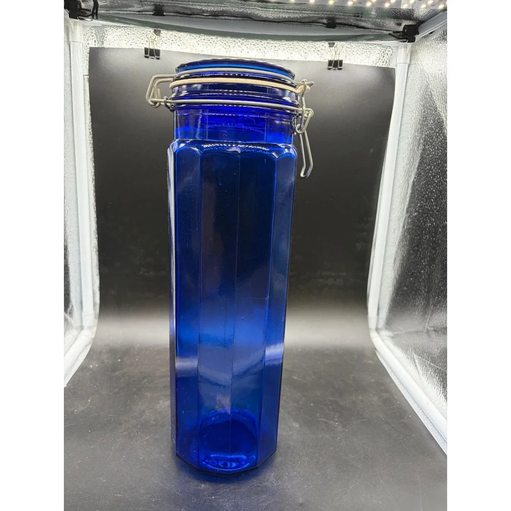 Vintage Cobalt Blue Glass Canister Octagonal Faceted Jar Wire Bale Swing Top Lid